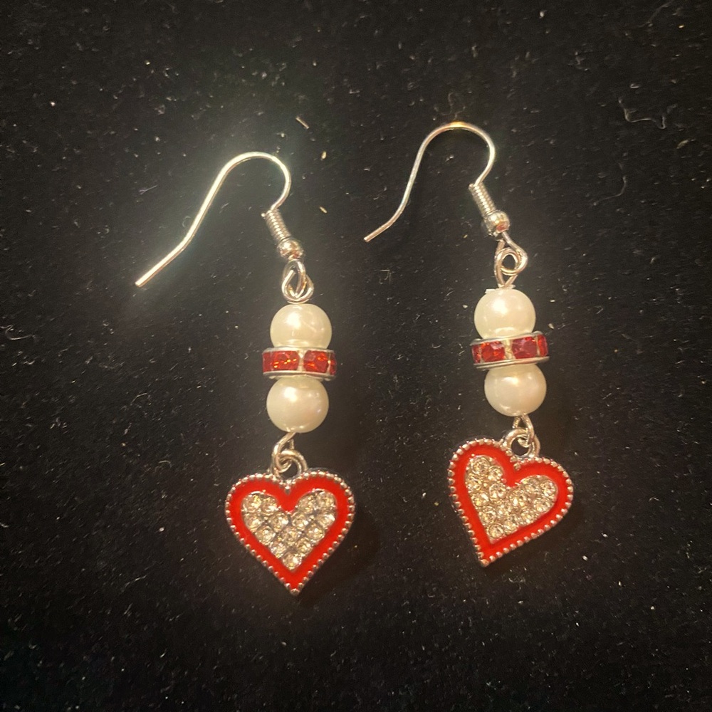 Red CZ hearts and pearl earrings